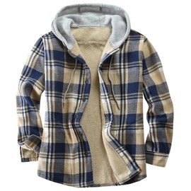 Derbars Cotton Plaid Shirts Fleece Lined Flannel Sherpa Button Down Jackets with Hood for Men Blue XX-Large
