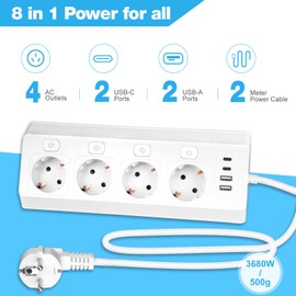 Steckdosenleiste mit 4 Schalter, 8-in-1 Mehrfachsteckdose mit USB (2X USB-A + 2X Type-C), 230V/16A/3680W, 2m Kabel, 4 Fach Mehrfachstecker, Desktop-Ecksteckdose für Büro & Zuhause