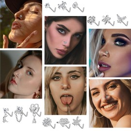 Kakonia Pack of 12 20G Nose Piercing Studs for Women Stainless Steel Nose Stud Silver L S Shape Corkscrew Piercing Nose Stud Nostril Piercing for Women, Stainless Steel