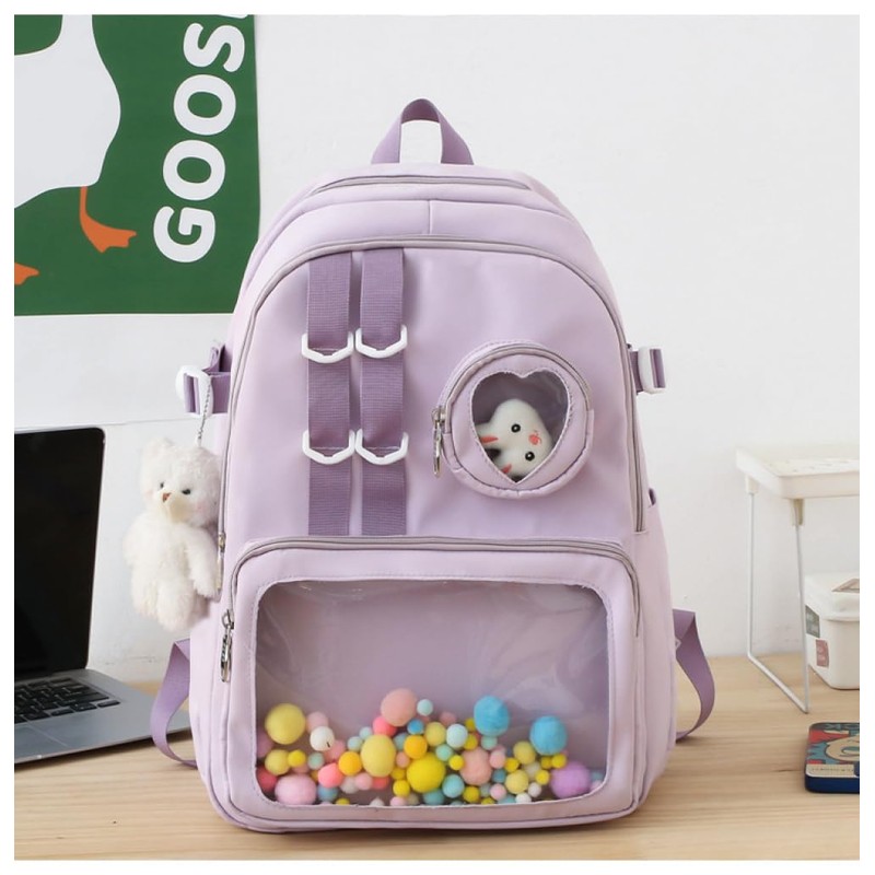 TomnuK Kawaii Backpack with Kawaii Bear Pandent (Purple)