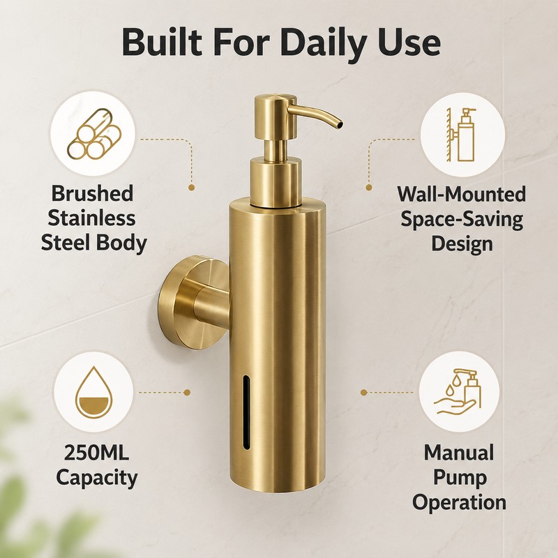 250ML Soap Dispenser for Bathroom - Wall-Mounted Brushed Stainless Steel