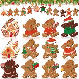 36 PCS Gingerbread Man Christmas Tree Ornaments Wooden Gingerbreads Christmas Hanging Ornament Gingerbread House Xmas Tree Hanging Decor with Flax Rope for Xmas Holiday Home Indoor Decoration