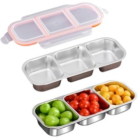 Frezonika 2 Pack Stainless Steel Snackle Box Containers, Reusable Steel Snack Containers With Lids, 3 Compartment Metal Food Storage Containers For Home, Travel