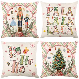 Printspree Christmas Throw Pillow Covers 18x18 Inch Set of 4 - Pink Holiday Decorative Cushion Covers with Nutcracker Christmas Tree - Polyester One-Side Print for Home Sofa Couch Bed Decor