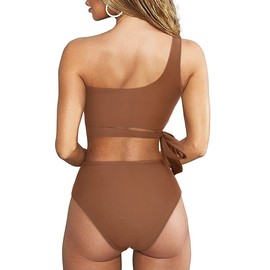 MOOSLOVER Women One Shoulder High Waisted Bikini Tie High Cut Two Piece Swimsuits(XL,Coffee)