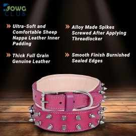 DowgClub | Genuine Leather Spike Dog Collar | Full Grain, Heavy Duty | Padded, Comfortable, Strong, Best for Large, X-Large Breeds | 2" Wide (M (Fit Neck Size 14.5"-18.5"), Pink - Silver Spikes)