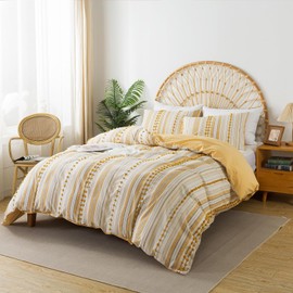 La Sheer Washed Cotton Queen Size Duvet Cover Set - Tufted Dots Boho Chic Bedding for All Seasons, Striped Pom Pom Bedding Linen Like Textured Breathable Durable Soft Comfy (Yellow, 90x90'')