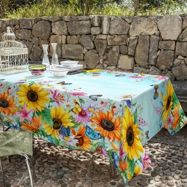 Table Cloth Sunflowers, Rectangle Tablecloth Blue Sky Floral Butterfly 60x84" Textured Spring Summer Tablecloth Spillproof Wrinkle Free Decor Cover for Kitchen Dining Party Picnic,Sunflowers Butterfly