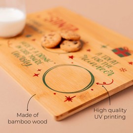 Christmas Cookies and Milk for Santa Wooden Tray, Treats Serving Board Platter for Reindeers on Christmas Eve, Kids Gift Snacks Bamboo Color Printed Plate mat for Santa (Small)