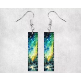 Twisted R Design Earrings, Aurora Borealis Print Wood Bar Printed Earrings Jewelry