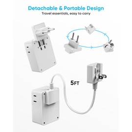 Kakyanill European Travel Plug Adapter Kit, 5ft Detachable Extension Cord with Type C/G/E/F Plug, 4 AC Outlets, 20W USB C Power Delivery, UK Germay France Greece Travel Plug Adapter