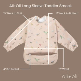 Ali+Oli Smock Bibs for Babies (2-pc) Long & Short Sleeve Set (Dino, Mint) BPA-Free Oeko-Tex Certified, Toddler Bib Ages 6m+