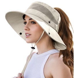 Beach Sun Hats for Women UV Protection with High Ponytail Hole UPF 50+ Fishing Safari Garden Hiking Hat Women Water Resistant Packable Sun Hat Beige