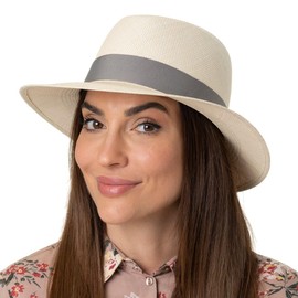 LIERYS Laurena Bright Women's Panama Hat - Hat Made of 100% Panama Straw - Handmade in Ecuador - Women's Hat with Grey Grosgrain Ribbon - Spring/Summer, Natural red, M