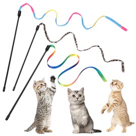 Cobee 3 Packs Cat Wand Toy Set, 30cm Cat Interactive Wand with 60cm Rainbow Ribbon String+ Rainbow Cloth String + Leopard Print Cloth String for Pet Kitten Training Exerciser Kitten (3 Pcs)