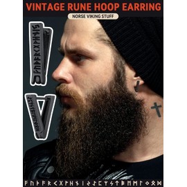 Mens Hoop Earrings, Norse Viking Elder Futhark Amulet Jewelry, Black Huggie Hoops for Men, Masculine Protection Accessories