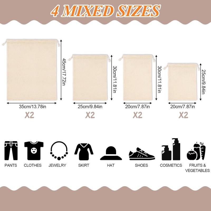 8 Pcs Reusable Cotton Mesh Produce Bags, Biodegradable Washable Eco-Friendly,