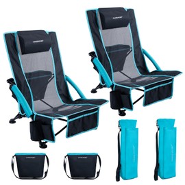 CHANGE MOORE Low Beach Chair with 2-in-1 Cooler Bag, Support up to 300lbs Folding Beach Chairs for Adults 2 Pack with Cup Holder, Removable Pillow & Carry Bag for Outdoor Sand Lawn Picnic Travel Blue