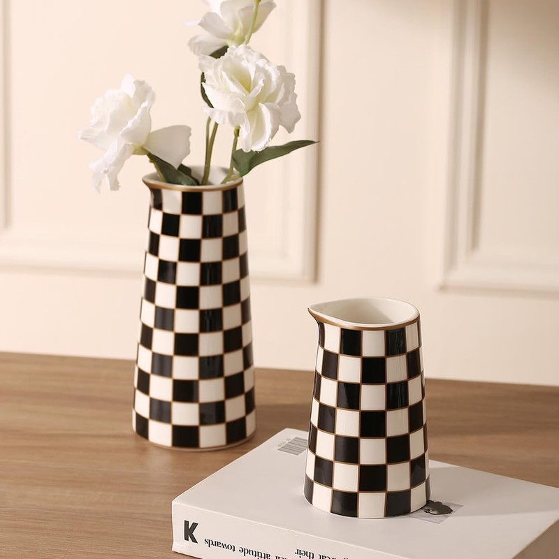 Porlien Checker Porcelain Flower Vase Home Decor Set of 2
