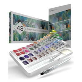 GenCrafts Watercolor Paint Palette 48 Premium Colors with Paper Pad - 2 Refillable Brush Pens - 15 Sheets of Water Color Paper