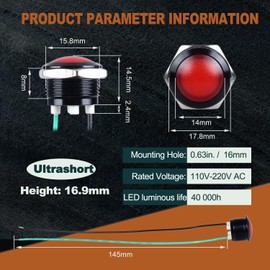 DMWD 2PCS 16mm 110VAC 125VAC Metal Indicator Light 20mA Waterproof IP67 Single lamp LED Pilot Lamp Raised Head with Wire for Household appliances, DIY, (Red LED) Black Anodized Shell