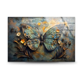 My Photostation.com 20Wx14H'' Blossoming Wings Metallic Butterfly with Floral Accents Glass Wall Art Tempered Glass Printing Wall Decor Large Wall Art Wall Hangings