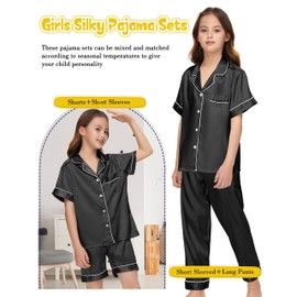 ALHAVONE Silk Pajamas for Girls Satin Pajama Kids 3 Pieces Short Sleeve Girl Button-down Pjs Shorts Pants Sleepwear (Black, 11-12 Years)
