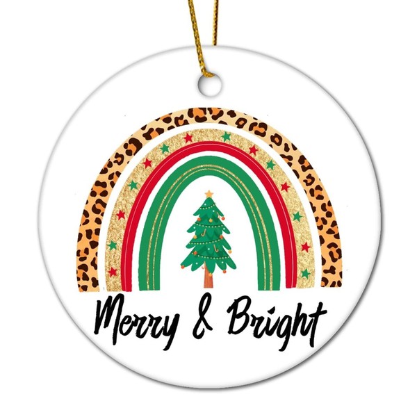 Leopard Rainbow Merry & Bright Flat Circle Ceramic Ornaments for