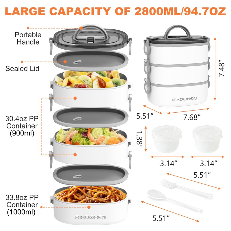 RIKDOKEN Lunch Box, Stackable 3 Layers Containers, Portable 94OZ Large