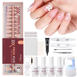 Beetles X Press Plus-Lite Kit French Tips Short Square French Tip Press on Nails with Nail Glue Builder Top Coat Nail Remover Squoval Press on Nails DIY Manicure Easter's Gift for Women:_224 pcs Short Almond All in One Uv Press On Kit