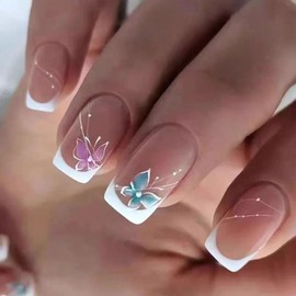 Square Press on Nails Shrot Fake Nails with Blue Pink Flower Designs White French Tip Glue on Nails Nude Full Cover False Nails Press ons Acrylic Artificial Stick on Nails for Women 24 Pcs