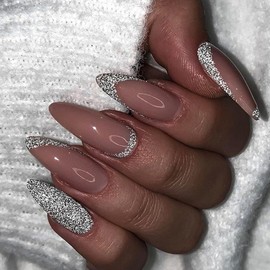 DOCVOEOMH Almond Shaped Press on Nails Medium French Acrylic Fake Press Ons Nails with Silver Glitter Design Glue on Glossy Full Cover Artificial False Stick on Nail for Girls Women Daily Wear 24PCS