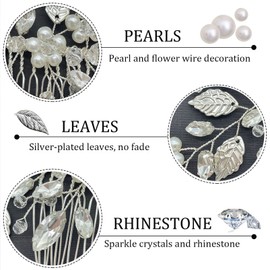 Bride Wedding Hair Comb,Pearl Flower Hair Piece,Bridal Crystal Leaf Hair Vine Comb Wedding Hair Accessories for Women Girls Bridemaid silver