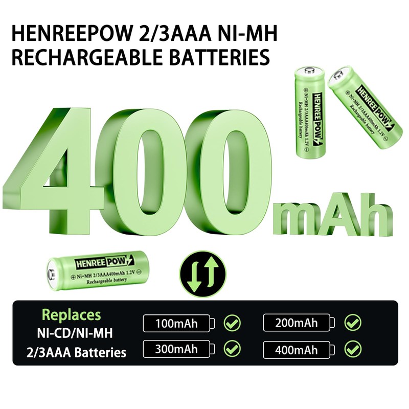 Henreepow Ni-MH 2/3AAA 1.2v 400mAh Rechargeable Batteries,Low Self-Discharge, Long Range