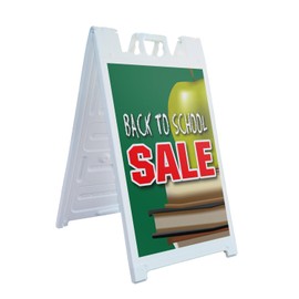 A-Frame Sidewalk Back to School Sale 24" x 36" Double Sided A-Frame Sidewalk Sign, Includes 2 Installed Vinyl Decals | Foldable Portable White Signicade Sandwich Board Signs