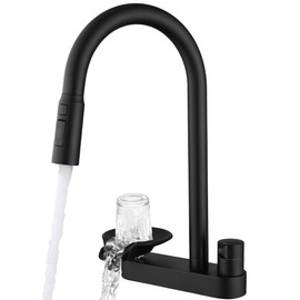 Swiwikai Kitchen Faucet with Pull Down Sprayer & Glass Rinser, Cup Washer Faucet for Kitchen Sink, Lead-Free Brass Waterway, 3 Spray Modes Single Handle, Single Hole for Sink Farmhouse RV Bar Black