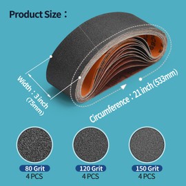 12PCS 3 x 21 Inch Belt Sander Sanding Belts | 75x533mm Silicon Carbide Sander Belts (4 Each of 80/120/150) Grit Belt SandPaper for Knife Sharpening and Metalworking