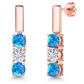 Gem Stone King 18K Rose Gold Plated Silver Simulated Blue Opal and White Moissanite Drop Dangle Earrings For Women | 1.50 Cttw | Gemstone October Birthstone | Round Cabochon 5MM