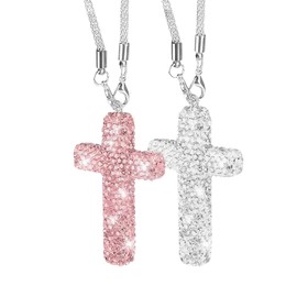 Waaqkid 2 PCS Bling Jesus Cross for Car, Crystal Rhinestone Rear View Mirror Accessories Car Charm, Colgantes para Carros