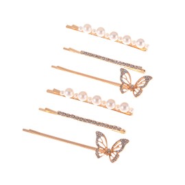 XOXO Hairpins Set with Butterflies, Rhinestones and Faux Pearls, Gold Tone, Set of 6