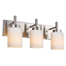 VINLUZ Bathroom Vanity Light Fixtures Over Mirror,3-Light Metal Base Brushed Nickel Finish Classic Wall Sconces with White Glass Shades Wall Mounted Lighting for Bedroom Cabinet Kitchen Stairs
