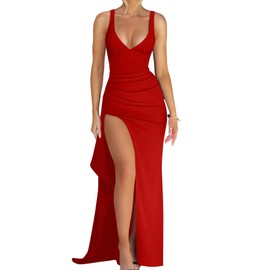 Memoriesea Women's Sexy Plunge Neckline Bodycon Ruched High Slit Party Maxi Dress Red