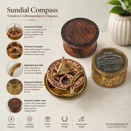 US HANDICRAFTS Vintage Compass Navigational Instrument - Marine Sundial Compass With Leather Case & Calendarâ€¦.
