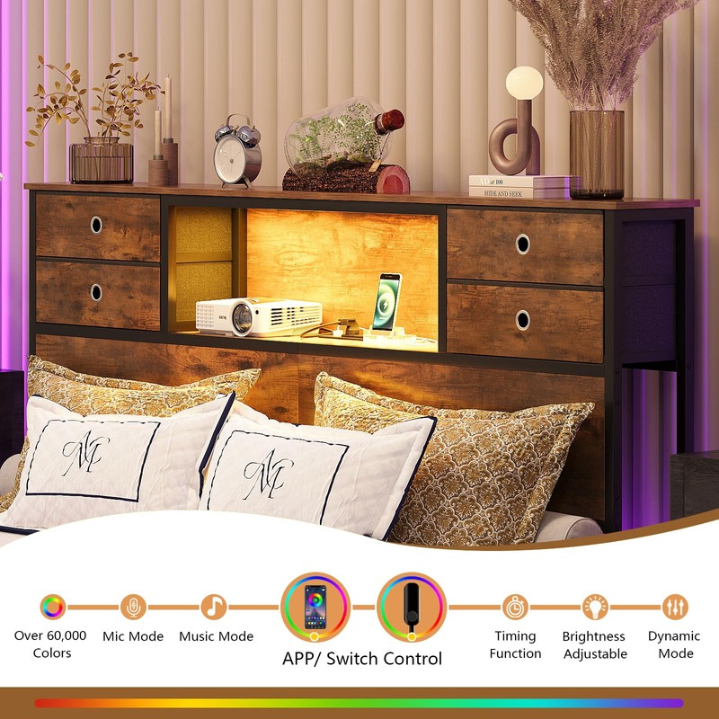 GiftGo Queen Size Headboard with 4 Fabric Storage Drawers Charging