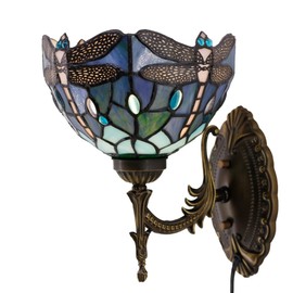 AVIVADIRECT Tiffany Wall Sconce Lamp Plug in or Hardwire Wall Light with 8 inch Blue Dragonfly Stained Glass Lampshade 8X10.5X11 Inch, Base Finished Antique Bronze, 6ft Cord with On/Off Switch