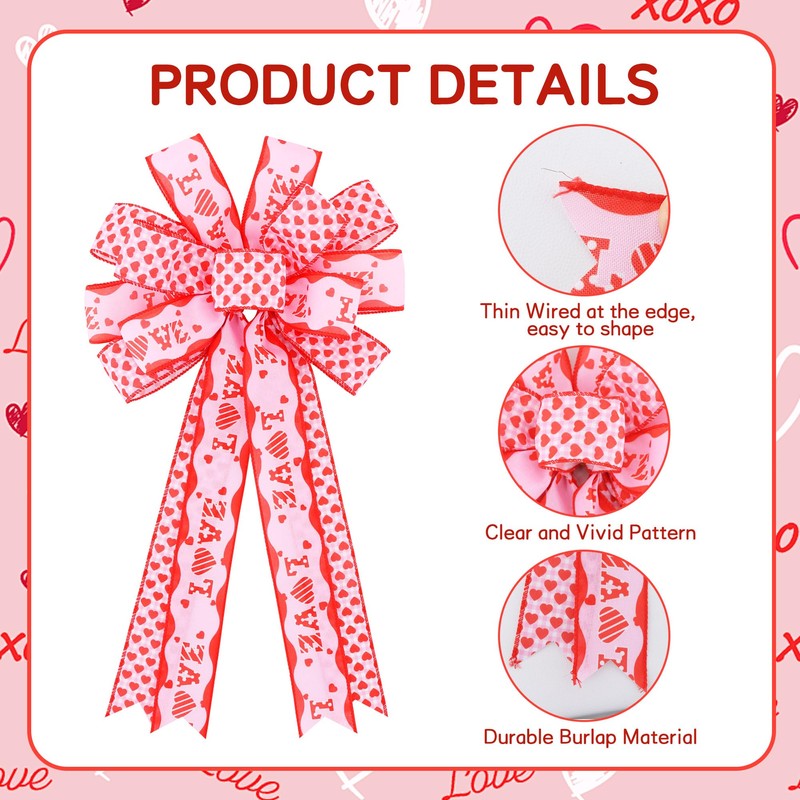 Valentine Tree Topper Bow with Pink Love Heart Valentines Burlap