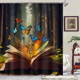NTETSN Fantacy Fairy Tale Forest Shower Curtain Neon Leaves Firefly Blue Butterfly on The Opened Book Curtain Set Bathroom Decor Large Size 72" x 72" YLZYNT652