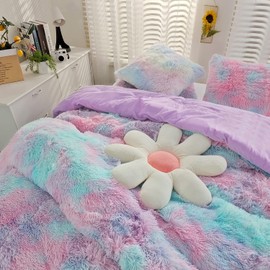 SUCSES Purple Tie Dye Faux Fur Duvet Cover Set Twin Size Colorful Rainbow Plush Shaggy Bedding Set Ultra Soft Fluffy Velvet Comforter Cover for Teens Girls (Purple Ombre, Twin)