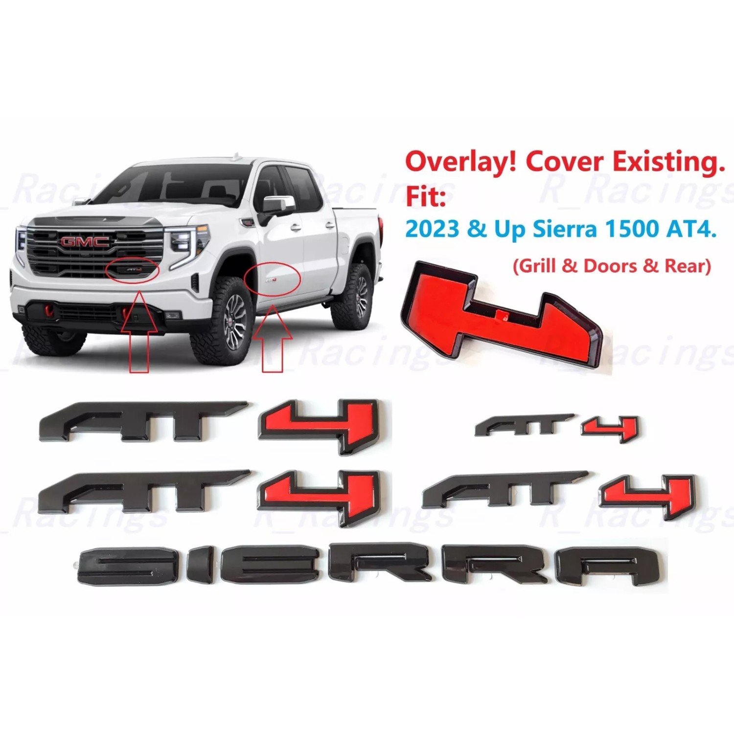 Auto Grill Door Rear Gloss Black Red AT4 Sierra OVERLAY Emblems 2023 ...