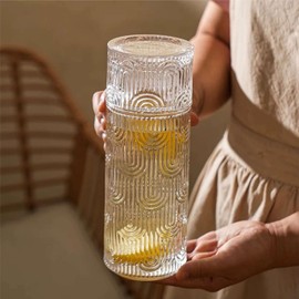 SEICASAYA Glass Water Carafe with Cup, 22oz Lead-Free Bedside Night Water Pitcher with Drinking Glass, Textured Ribbed Design for Bedroom, Mouthwash Dispenser for Bathroom (Clear)